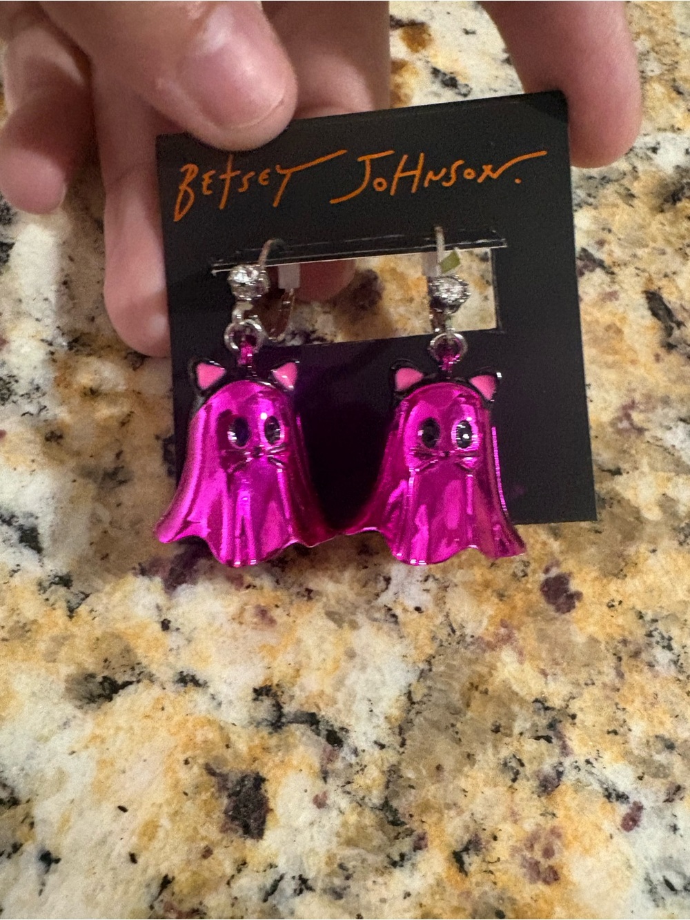 NWT Betsey Johnson Metallic Pink Cat Ghost Drop Earrings